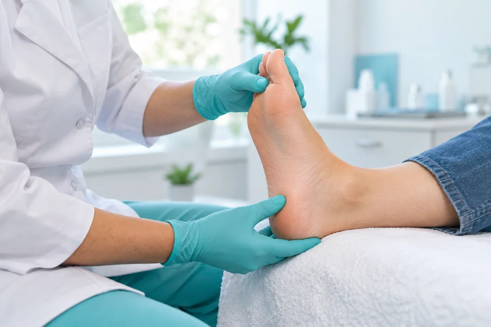Foto ilustrativa de uma avaliação dos pés por profissional com luvas.